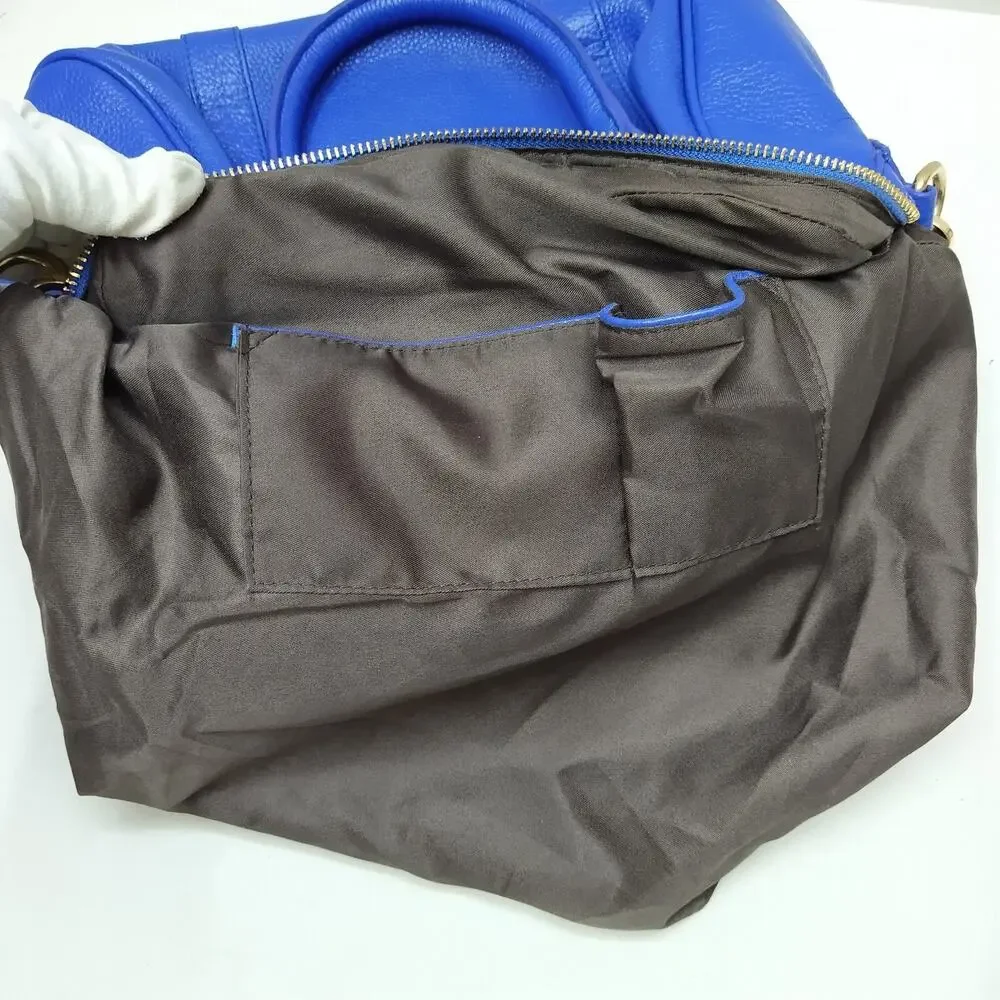 Terzetto Blue Pebbled Leather Double Handle Zipper Closure Satchel Shoulder Bag